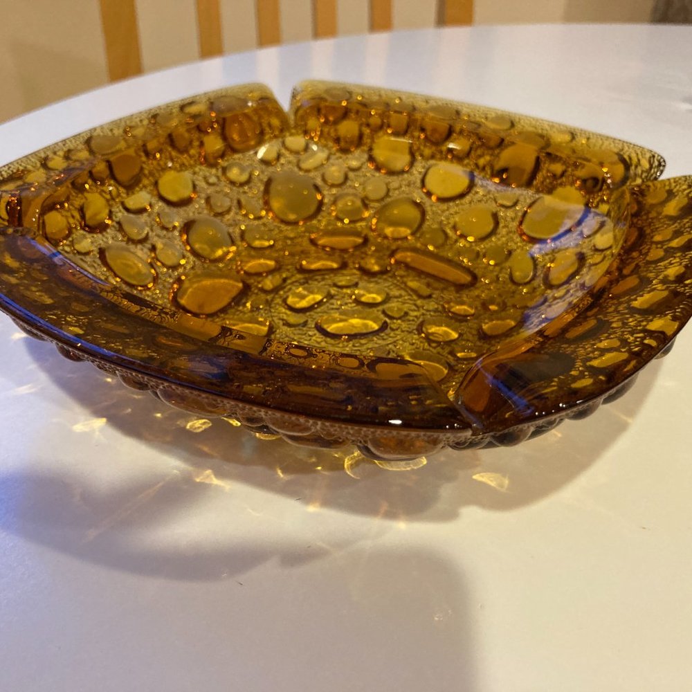 Vintage Mid-Century Amber Bubble Libby Glass Pebble Ashtray /Trinket Tray 8"